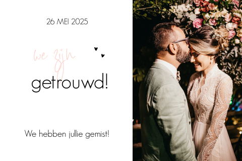 Kaart "Just married" met leuke lettertype en hartjes