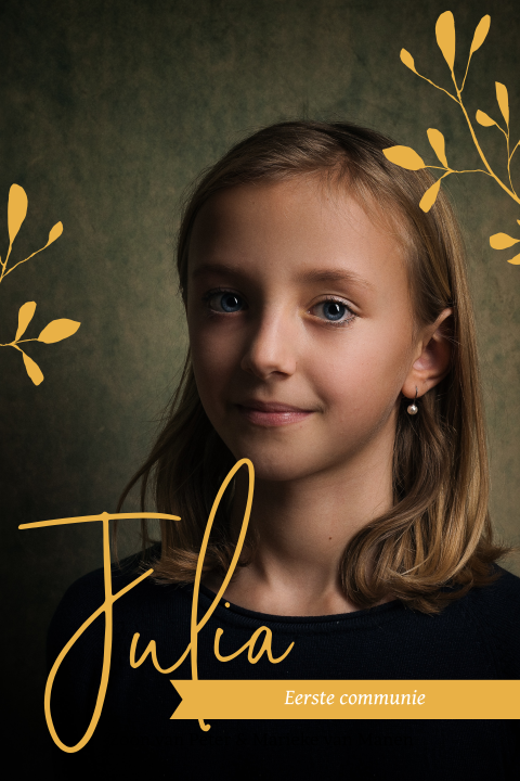 Trendy communiekaart met foto en takjes