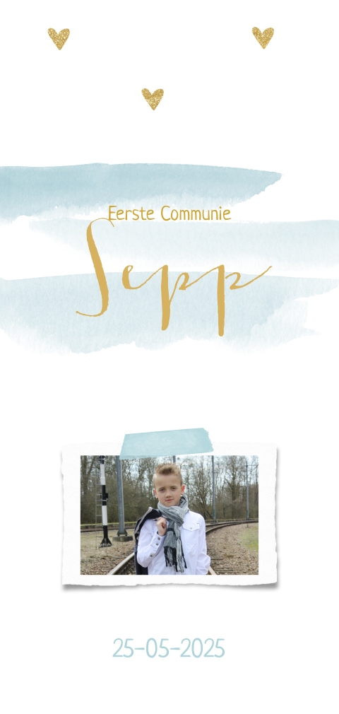 Hippe communie uitnodiging met aquarel strepen foto en gouden hartjes