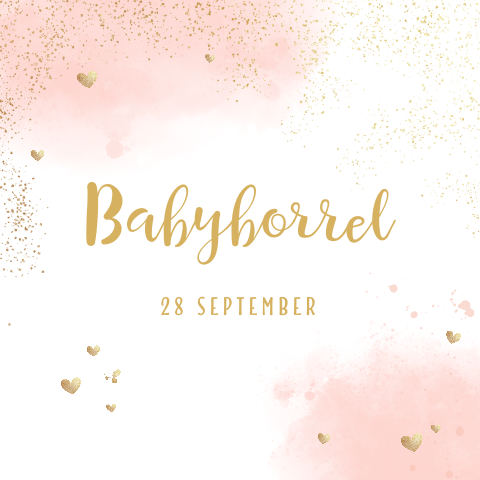 Kaartje babyborrel met gouden hartjes en roze watercolour