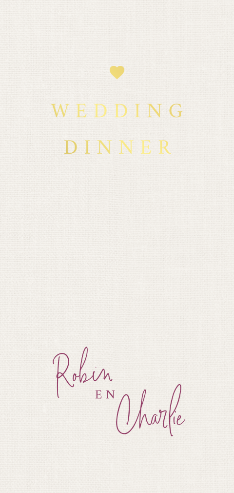 Menukaart voor huwelijk in goudfolie en berry kleuren