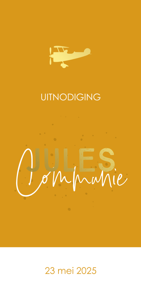 Stoere communie uitnodiging in het geel met goudfolie details