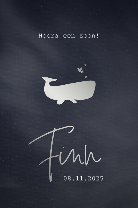 Hip geboortekaartje met zilverfolie silhouet walvis