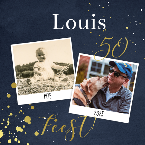 Stijlvolle goudfolie verjaardagsuitnodiging 50 jaar met spetters en foto
