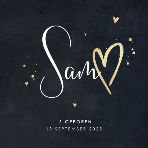 Stijlvol babykaartje met goudkleurige hartjes op zwarte achtergrond