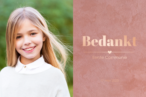 Communie bedankkaart met roze velvetlook en roségoudfolie