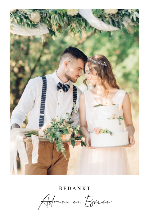 Moderne bedankkaart met foto en zwart wit lettertypes