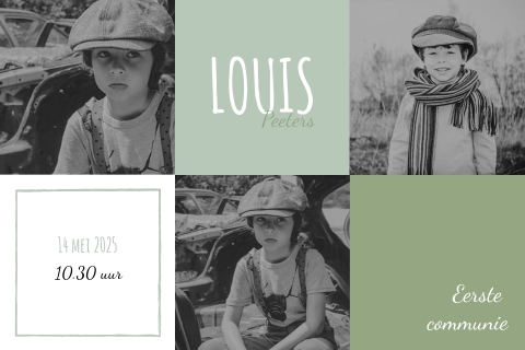 Stoere communiekaart met foto en groene blokken