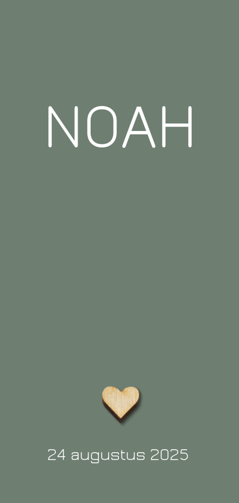 Langwerpige geboortekaart met houten hartje op groene achtergrond