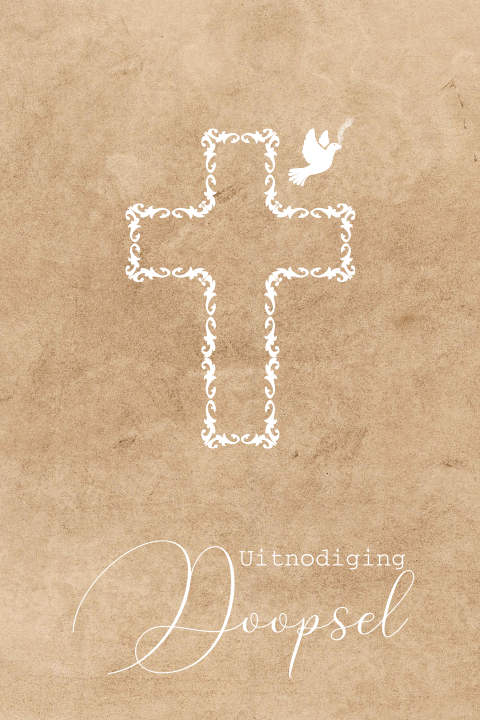 Klassiek doopkaartje met een wit kruis en een duif