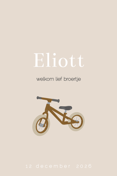 Cool geboortekaartje in zandkleur met bruine fiets