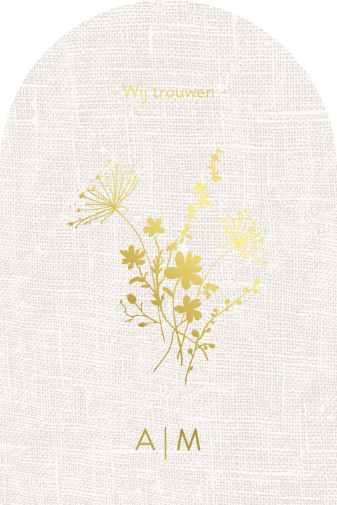 Trouwkaart met arch-vorm en goudfolie veldbloemen