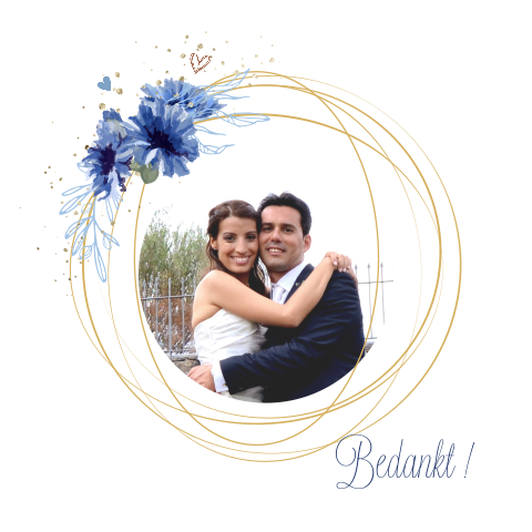 Mooie bedankkaart met blauwe bloemen en foto