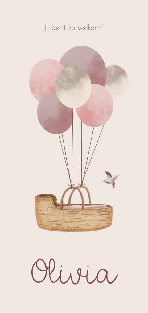 Lief geboortekaartje met een tros ballonnen met reiswiegje