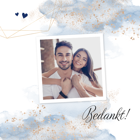 Bedankkaart bij huwelijk met blauwe waterverf, foto en confetti