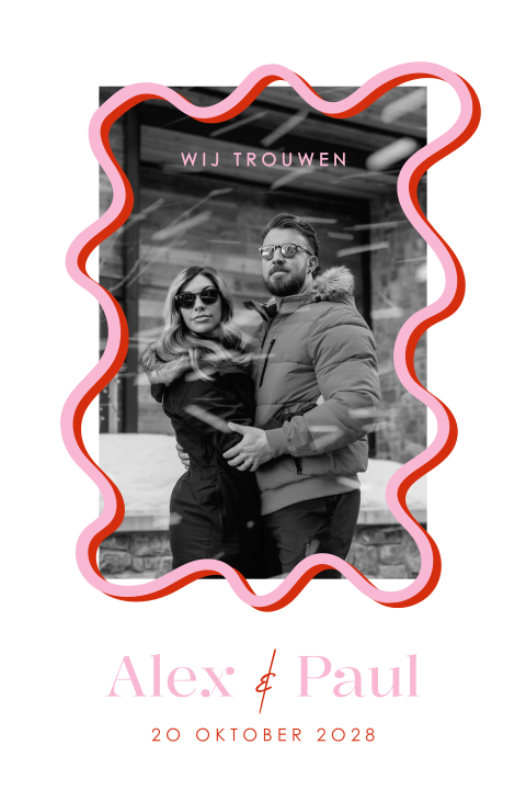 Moderne trouwkaart met kader in rood en roze
