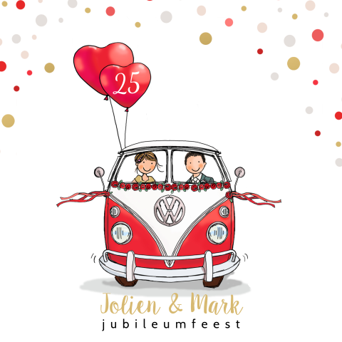 Vrolijke uitnodiging 25 jarig jubileum met rood busje en confetti