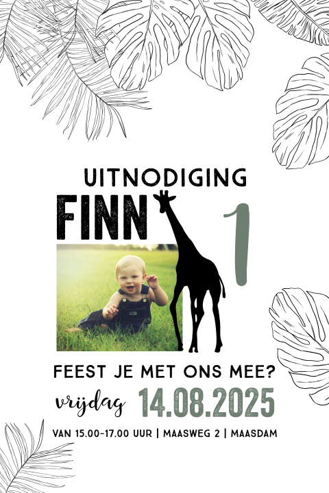 Hippe uitnodigingskaart jongen met foto, bladeren en giraffe