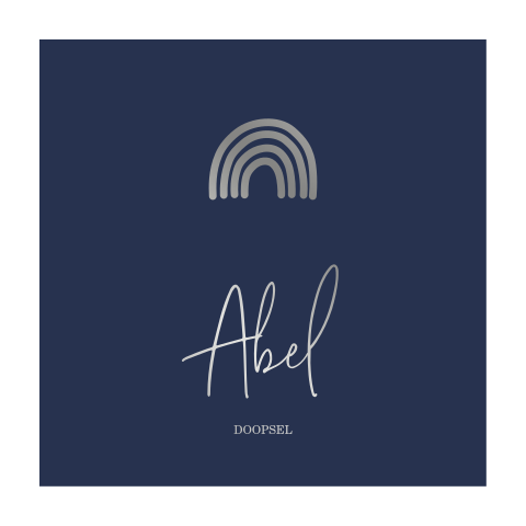 Eenvoudig doopkaartje met tekst en een regenboogje in zilverfolie