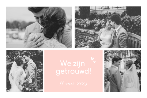 Kaart "we zijn getrouwd" met foto's en hartjes op roze achtergrond