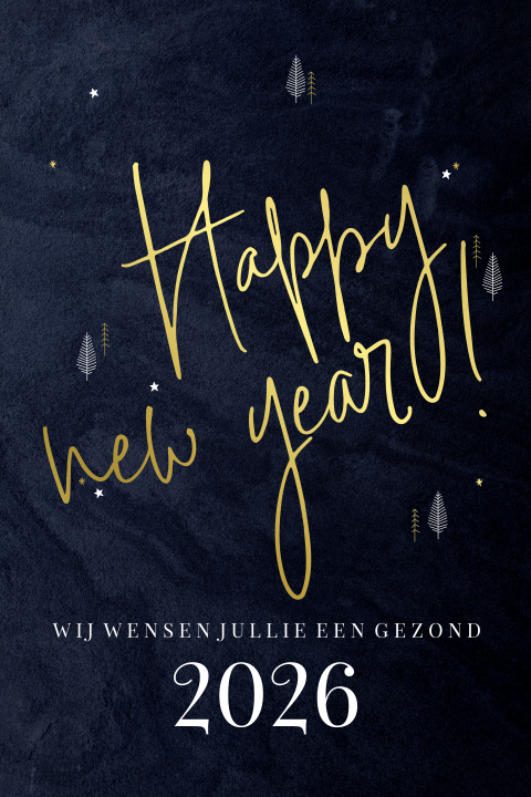 Goudfolie kerstkaart met kerstbomen op donkerblauw