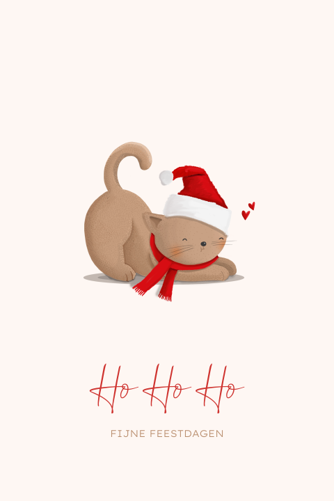 Kerstkaart met schattig katje die een kerstmuts draag
