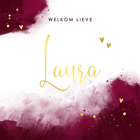 Stijlvol geboortekaartje met rode waterverf en goudfolie