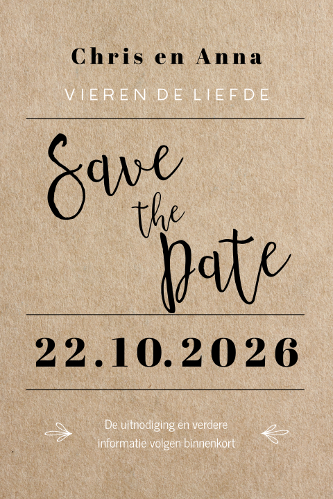 Save the date met zwart-witte tekst op kraft-look