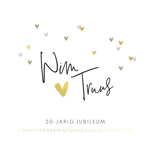 Hippe goudfolie uitnodiging 50 jaar getrouwd met romantische hartjes