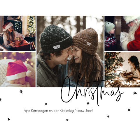 Vrolijke kerstkaart met foto's, sneeuwvlokjes en sterretjes