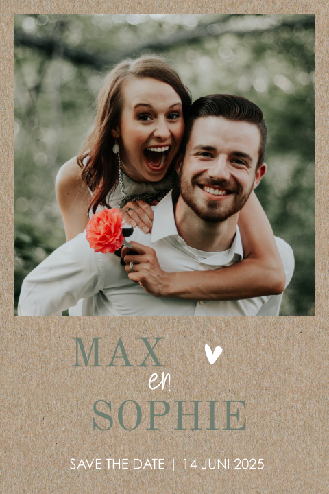 Moderne Save the Date kaart met foto op kraft-look
