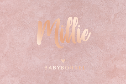 Babyborrel uitnodiging met roségoudfolie op velvet-look achtergrond