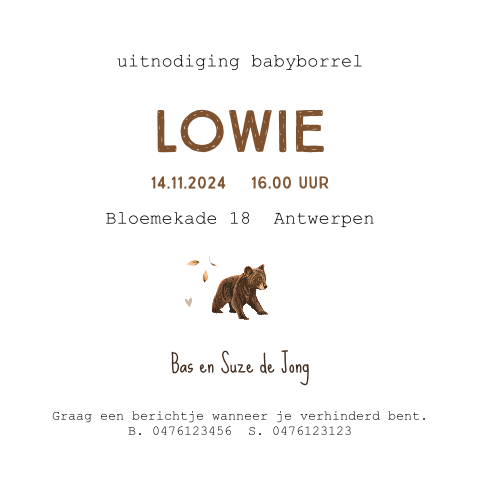 Babyborrel uitnodiging met beertje