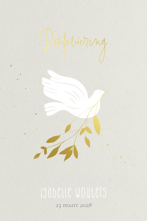 Stijlvol doopkaartje met duif en gouden takje