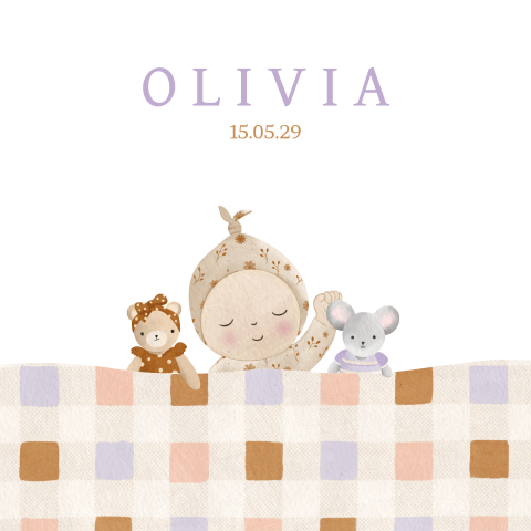 Lief geboortekaartje meisje met baby onder blokjesdeken