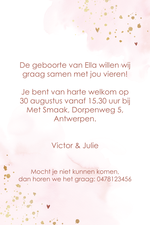 Babyborrelkaartje meisje met roze watercolour en gouden verfspetters