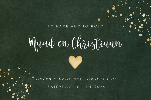 Trouwkaart met gouden spetters op groen I Houten hartje optioneel