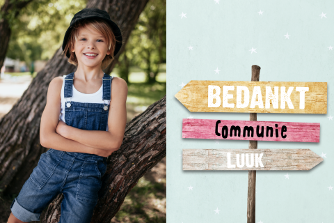 Bedankkaart communie met wegwijzer en foto