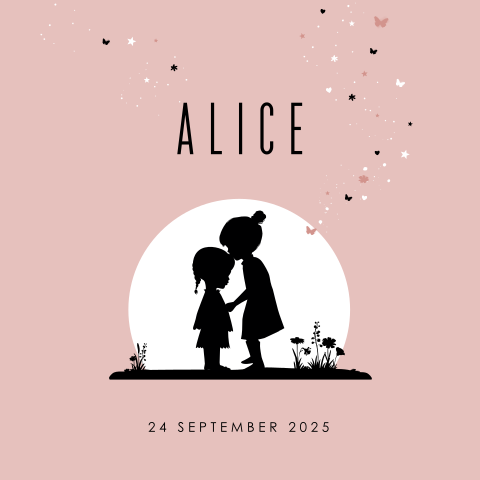 Schattig babykaartje voor een zusje met silhouetjes en vlinders