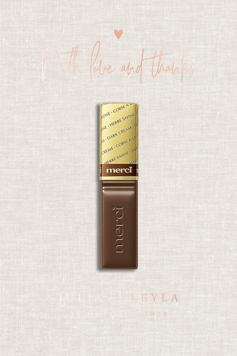 Gastgeschenk kaartje met chocola in linnenlook