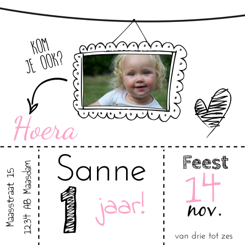 Lief, getekend kaartje feest 1-jarig meisje