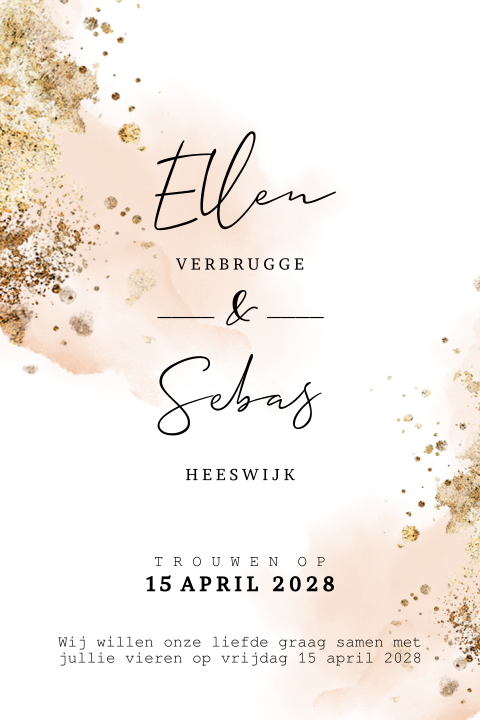 Watercolor staande trouwkaart met goud look