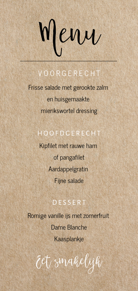 Menukaart met zwart-witte tekst op kraft-look