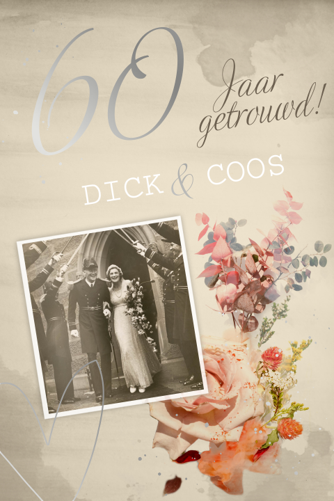 Uitnodiging 60 jaar getrouwd jubileum met vintage look en zilverfolie