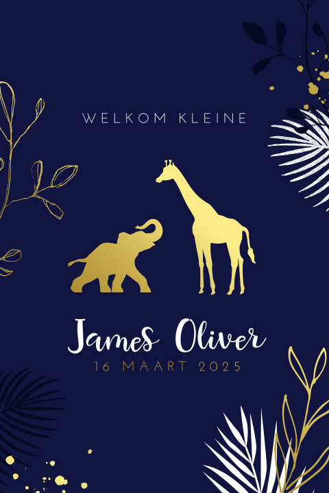 Stoer goudfolie geboortekaartje voor tweeling met jungle dieren