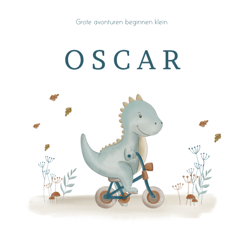 Schattig geboortekaartje jongen met dino op een fietsje en blaadjes