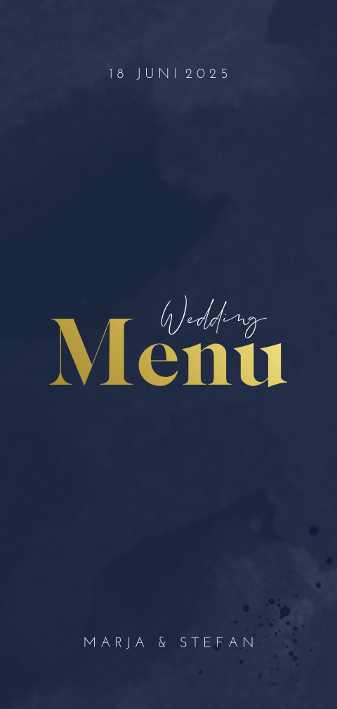 Menukaart huwelijk in donkerblauw en goudfolie