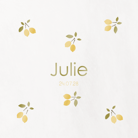 Geboortekaart met citroenen en 3 kleuren spot uv lak