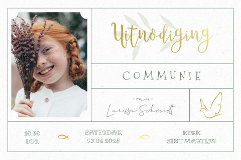 Originele communiekaart christelijke symbolen, foto en goudfolie