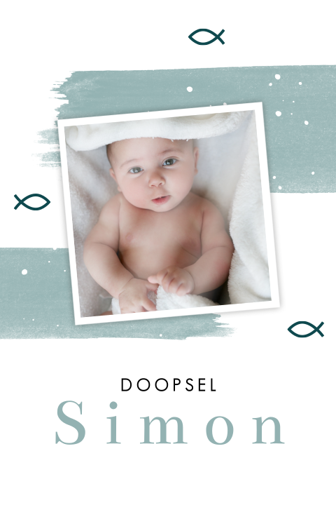 Modern doopkaartje met turquoise verfstrepen en foto